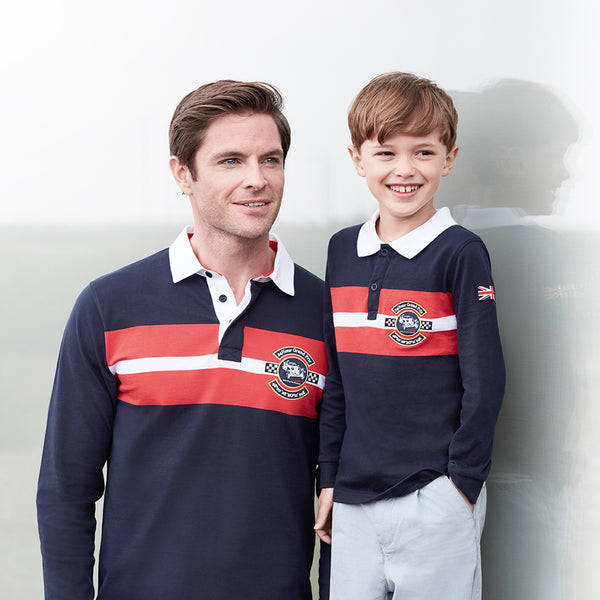 Father and son wearing Heritage Rugby Shirt. Shop now at Bentley Kuala Lumpur